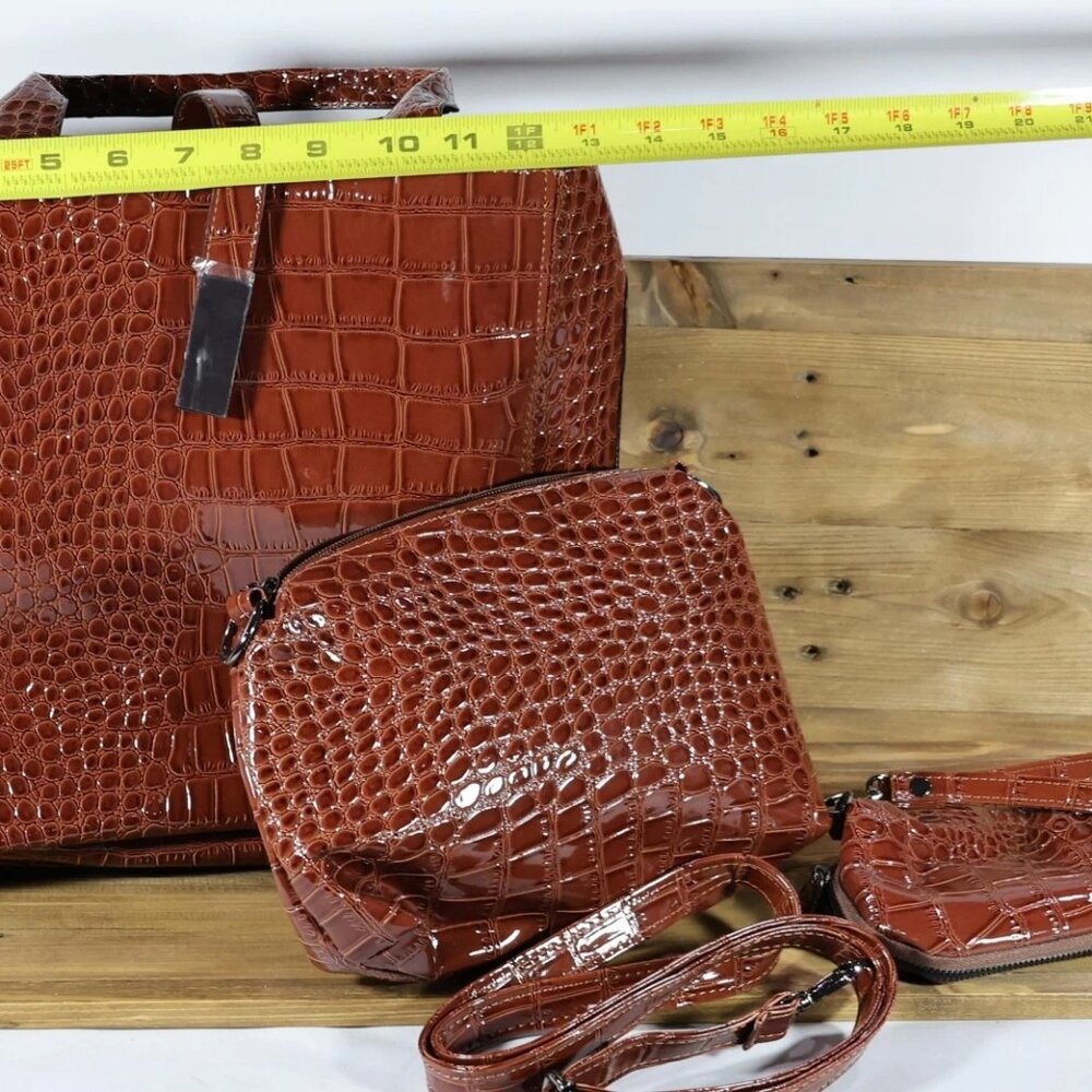 HARPER & HYDE 3Pcs Brown Croc Embossed Vegan Leather Tote Crossbody Bag,2 sm bag - Picture 3 of 7